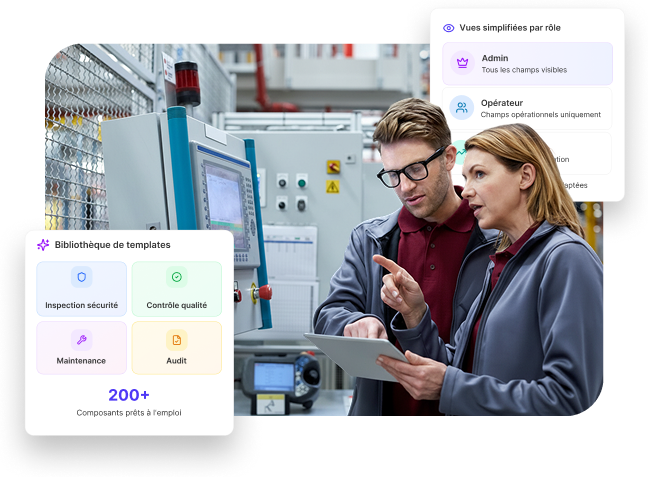 Techniciens utilisant un logiciel de digitalisation des workflows industriels sur tablette